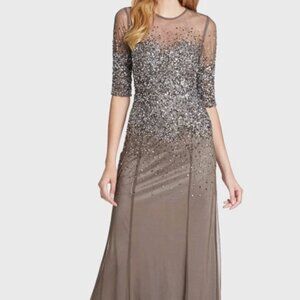 Adrianna Papell Gray Sequin Dress - 3/4 Sleeve Beaded Illusion Gown in Lead - 6P
